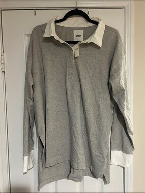 AERIE nwt women’s M Gray Rugby-Style Long Sleeve Shirt with BUTTON DOWN